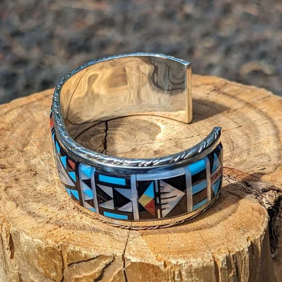 Native American Handmade Cuff‎ Bracelet Zuni Inlay Sterling Silver sz7US *** - Picture 3 of 11